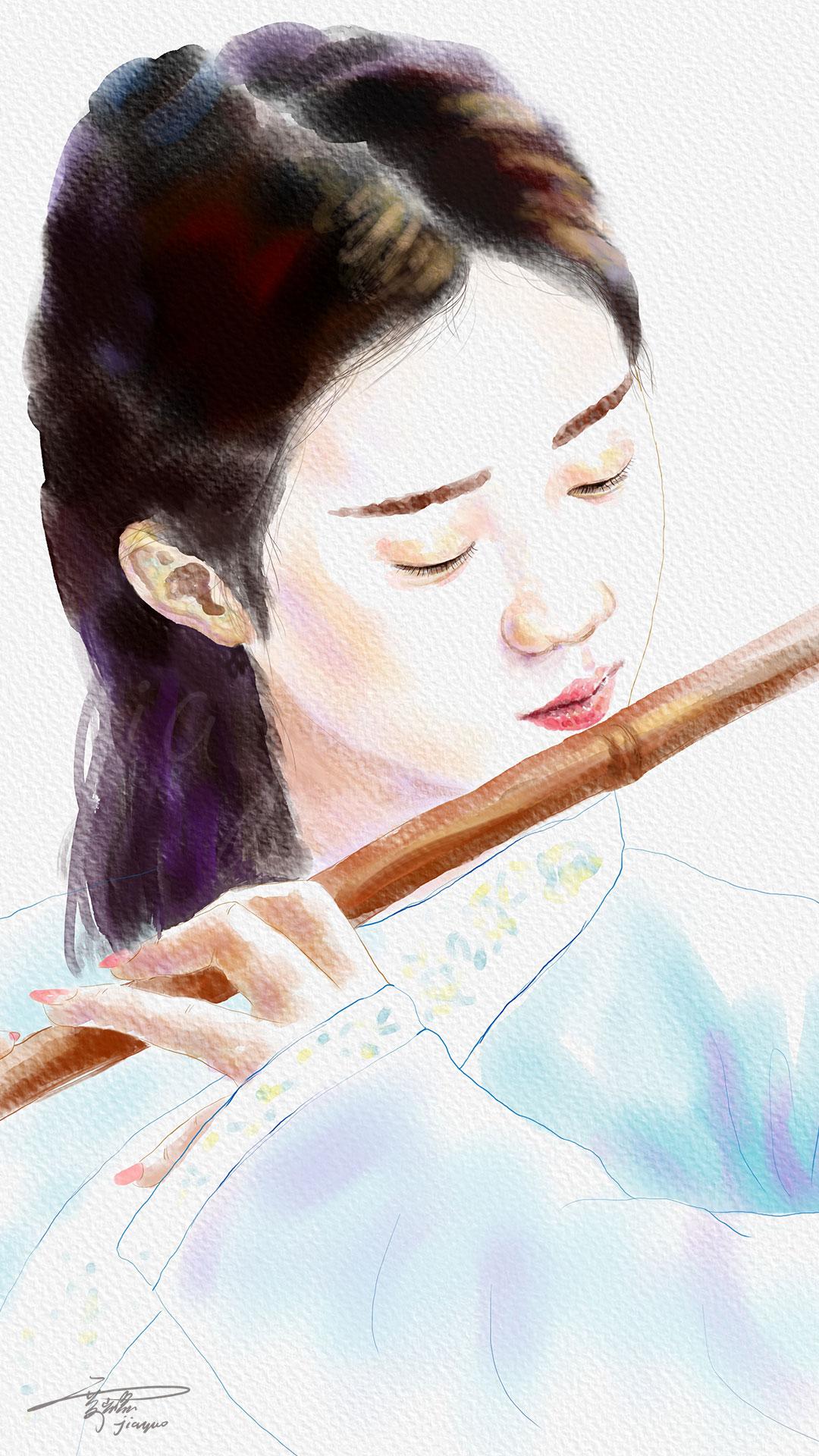 小女子吹笛子的水彩画