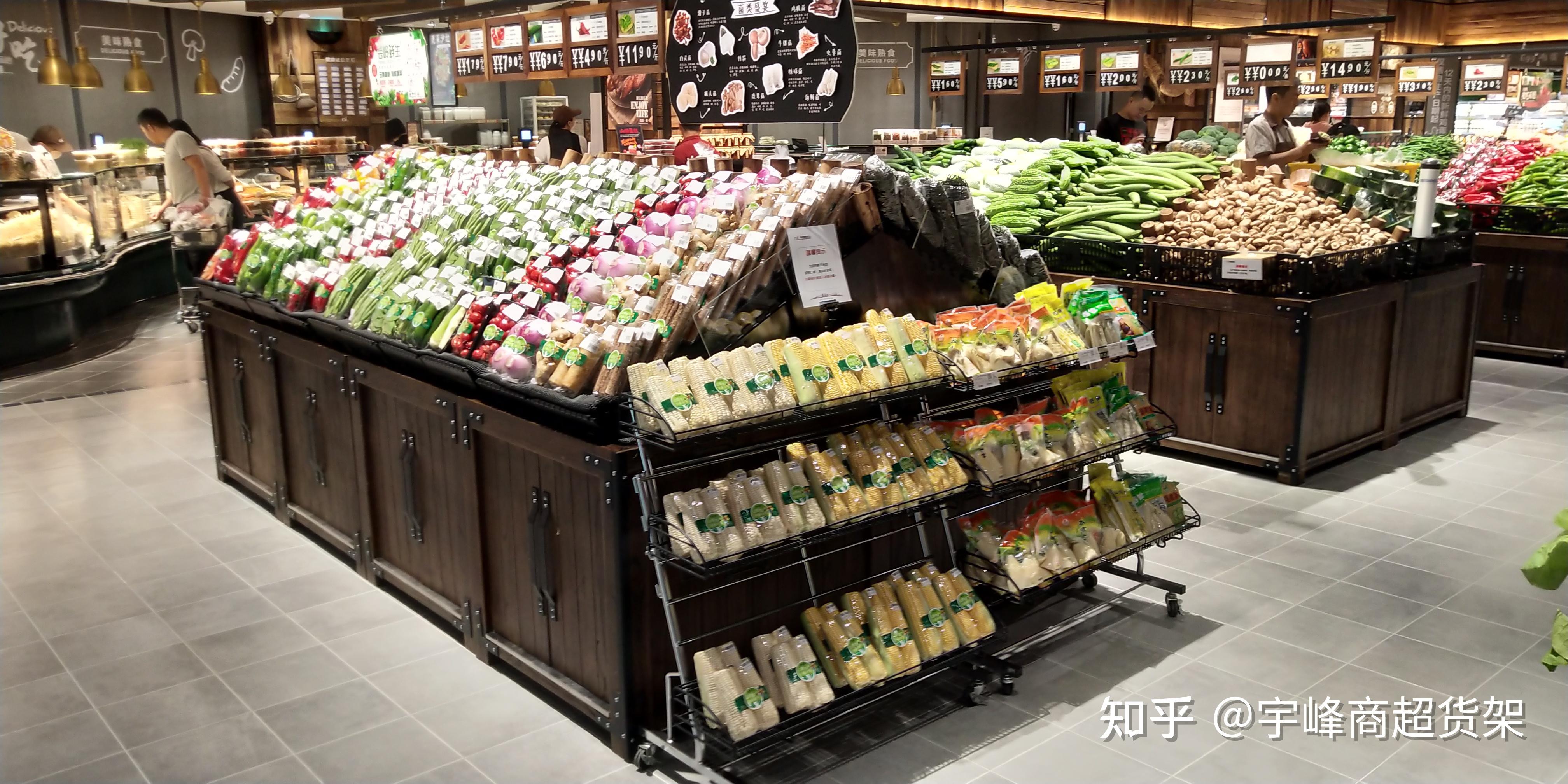 东来款钢木货架常规钢木货架二,超市生鲜区陈列货架3,多元化陈列,促进