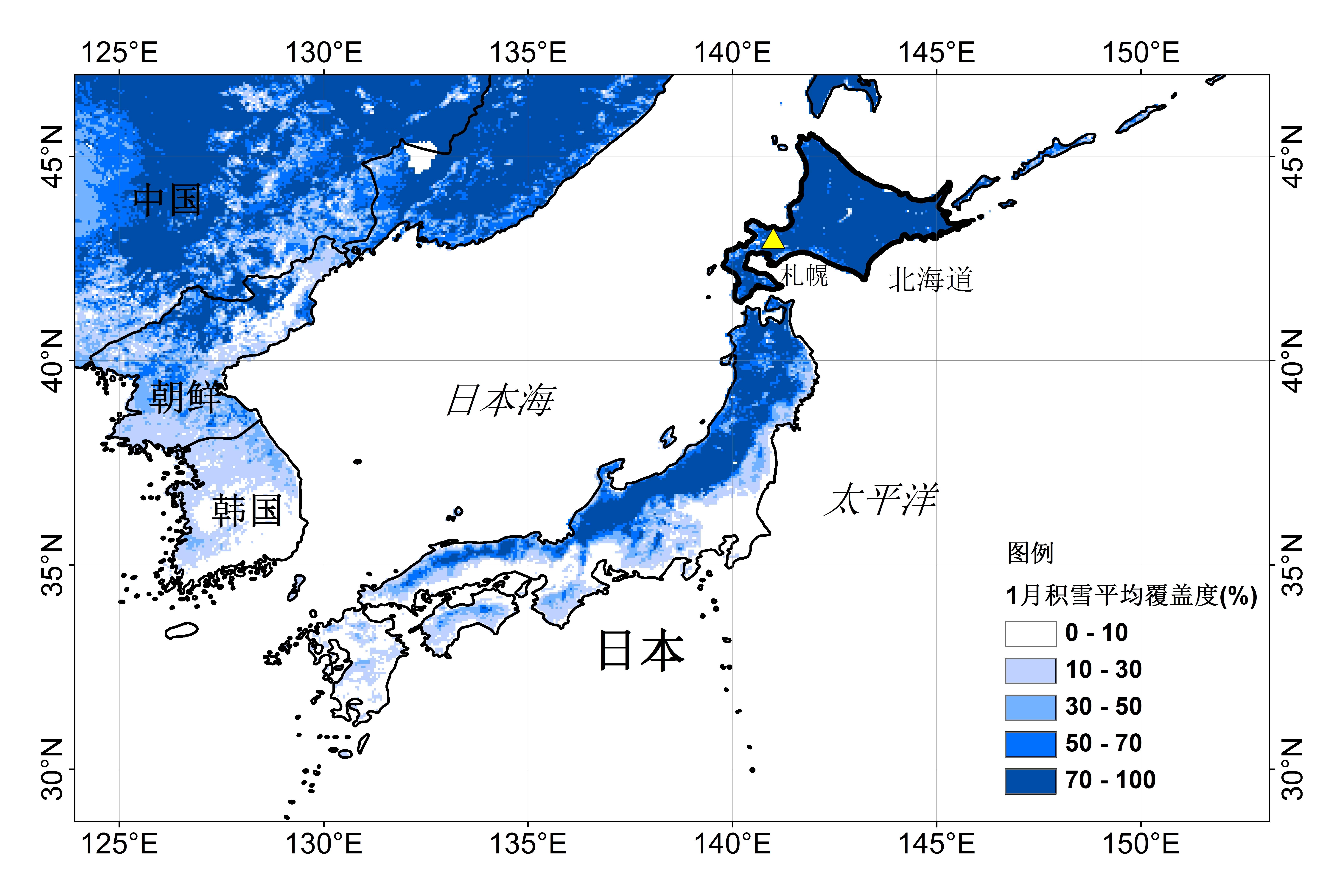 北海道以及靠近日本海的一侧成为降雪中心,在日本列岛留下了一道清晰