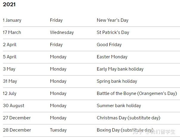 英国2020年法定节假日时间表
