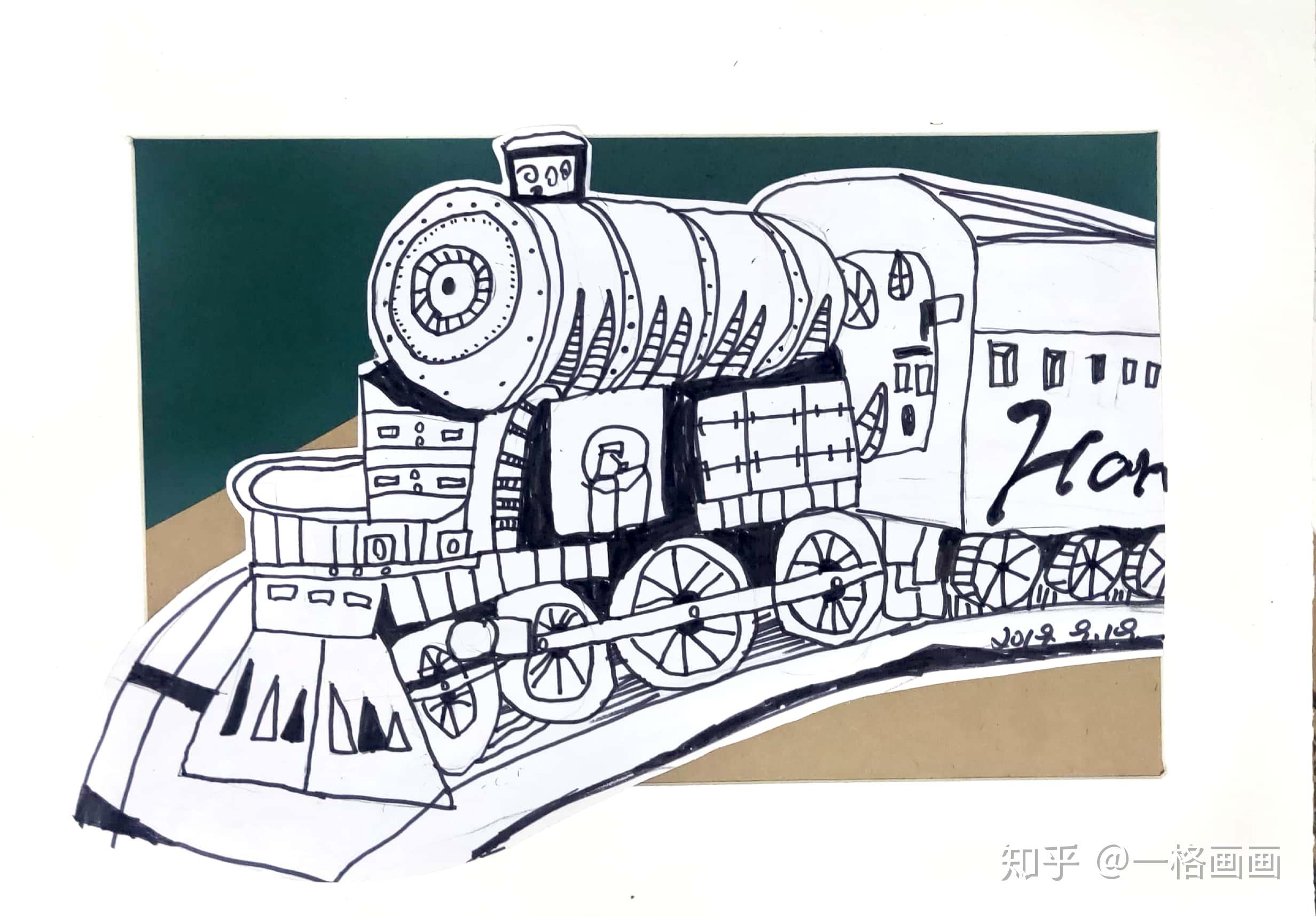 一格画画少儿美术教育学院刘姝辰小学员平面构图绘画作品《蒸汽火车》