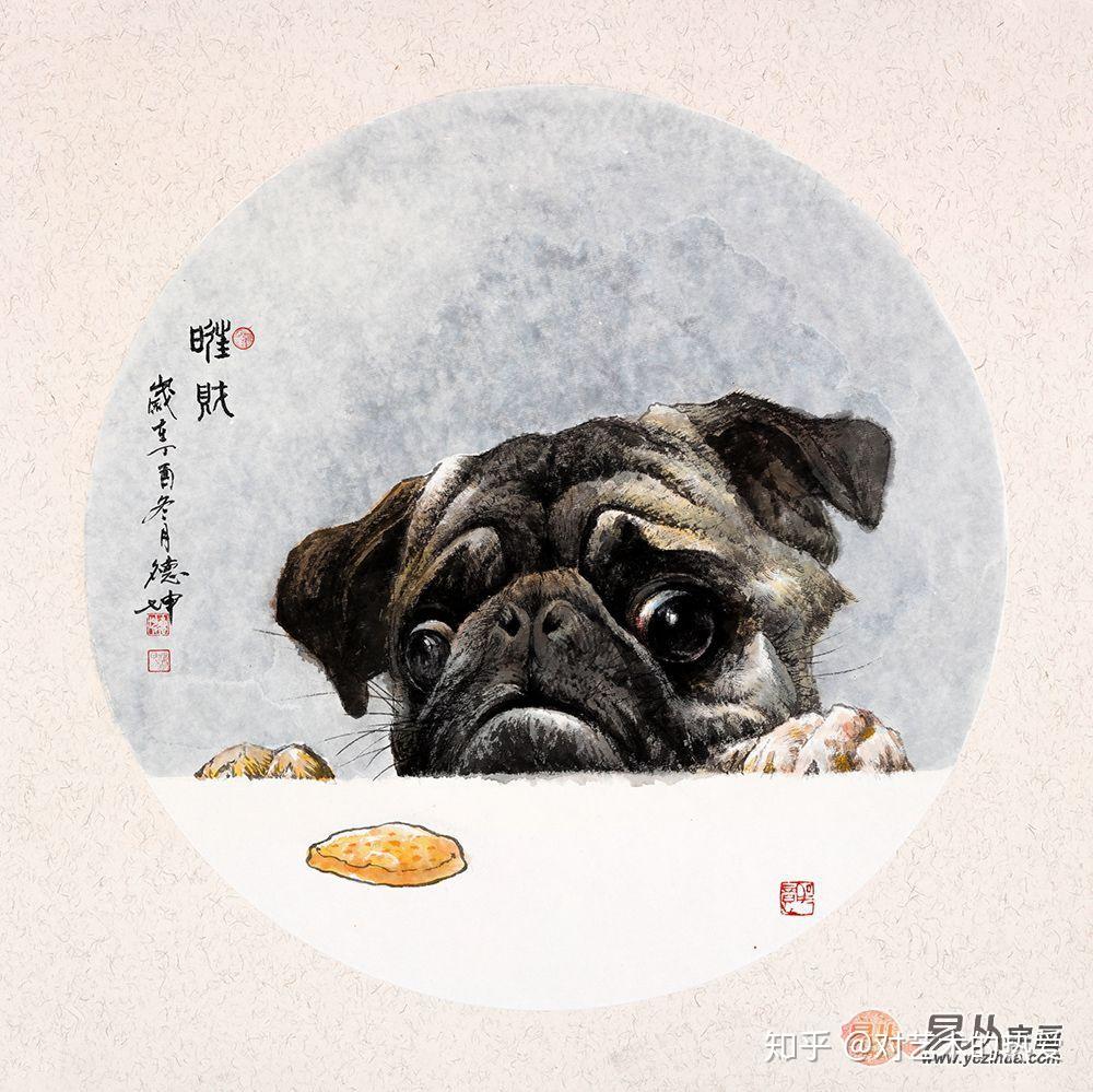 这幅作品很生动,画面风趣也很时尚,画家描绘了一只沙皮狗趴在地上的