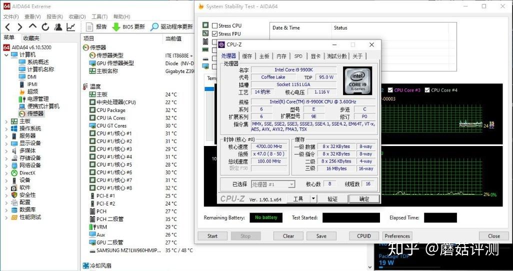 ▼使用cpu-z的压力测试让9900k满载,全核心睿频4.