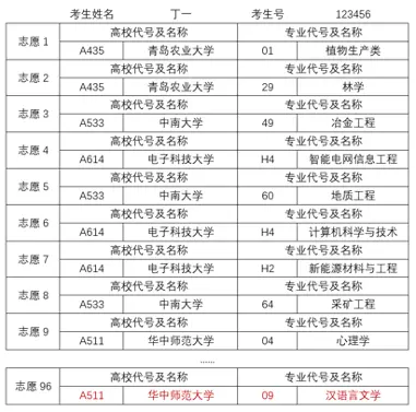 表 4-2 &nbsp;丁一同学模拟志愿表