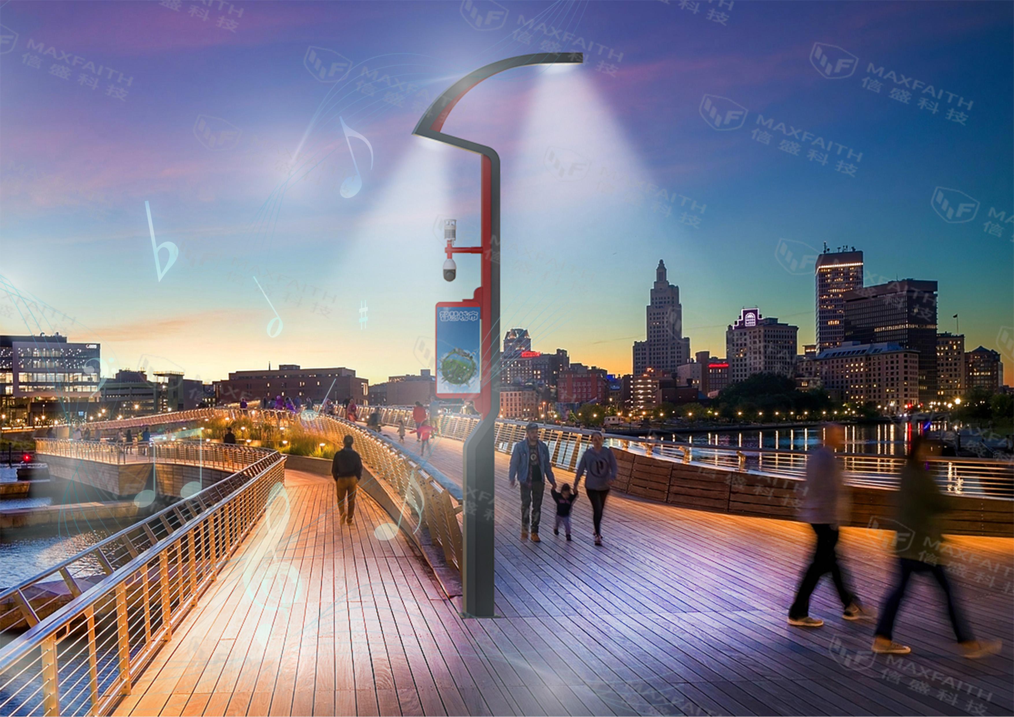 与行人互动有时还有会有投影灯光灯杆上的音箱播放着轻柔的音乐智慧