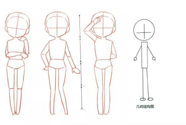 瘦高体型画法以4头身为比例,运用火柴式线条表现身体四肢长短动作辅助