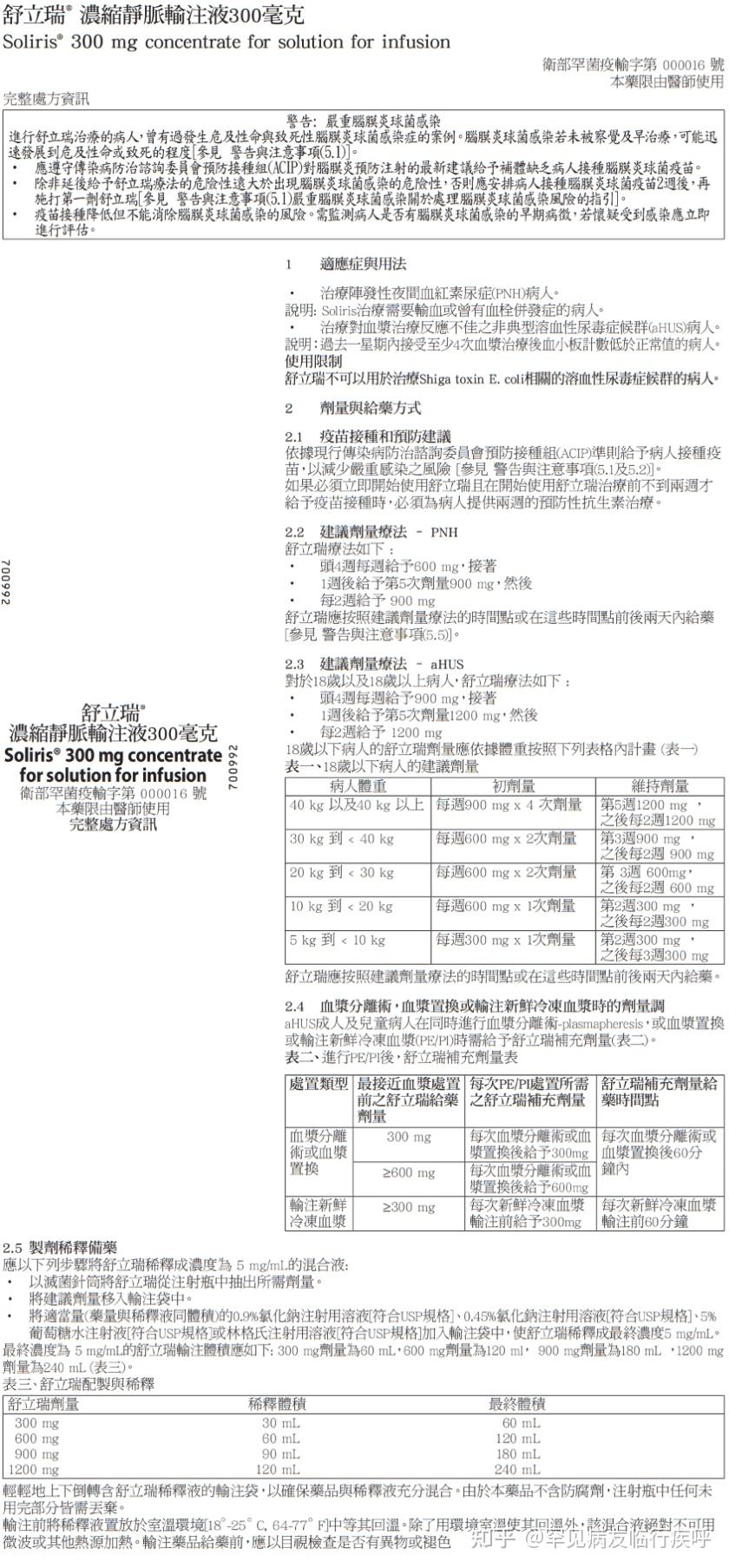 中国台湾依库珠单抗说明书舒立瑞®濃縮靜脈輸注液300毫克Soliris®300mg concentrate for solution for ...