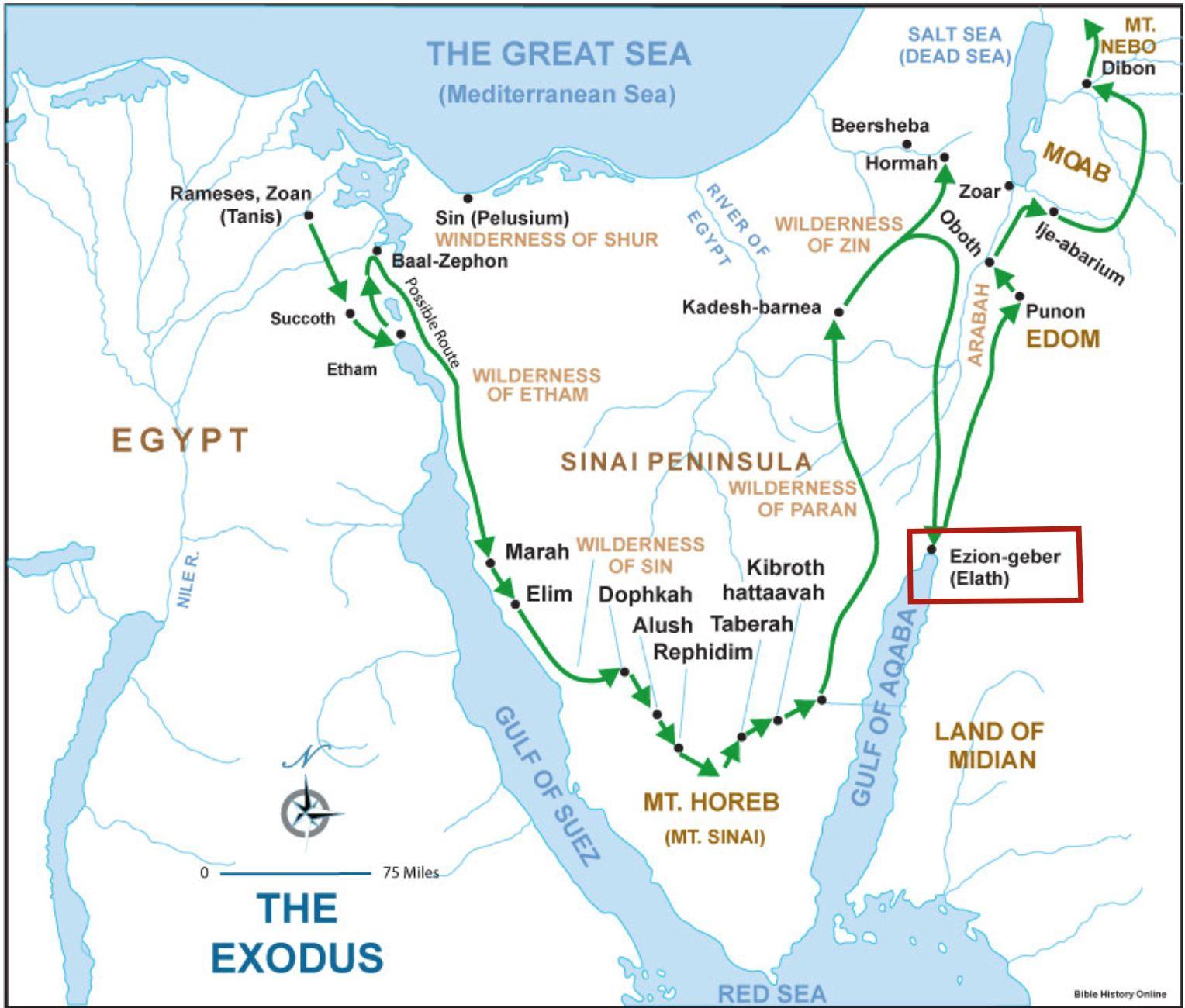 出埃及可能路线图以拉他和以旬迦别就位于今天的埃拉特以旬迦别又称