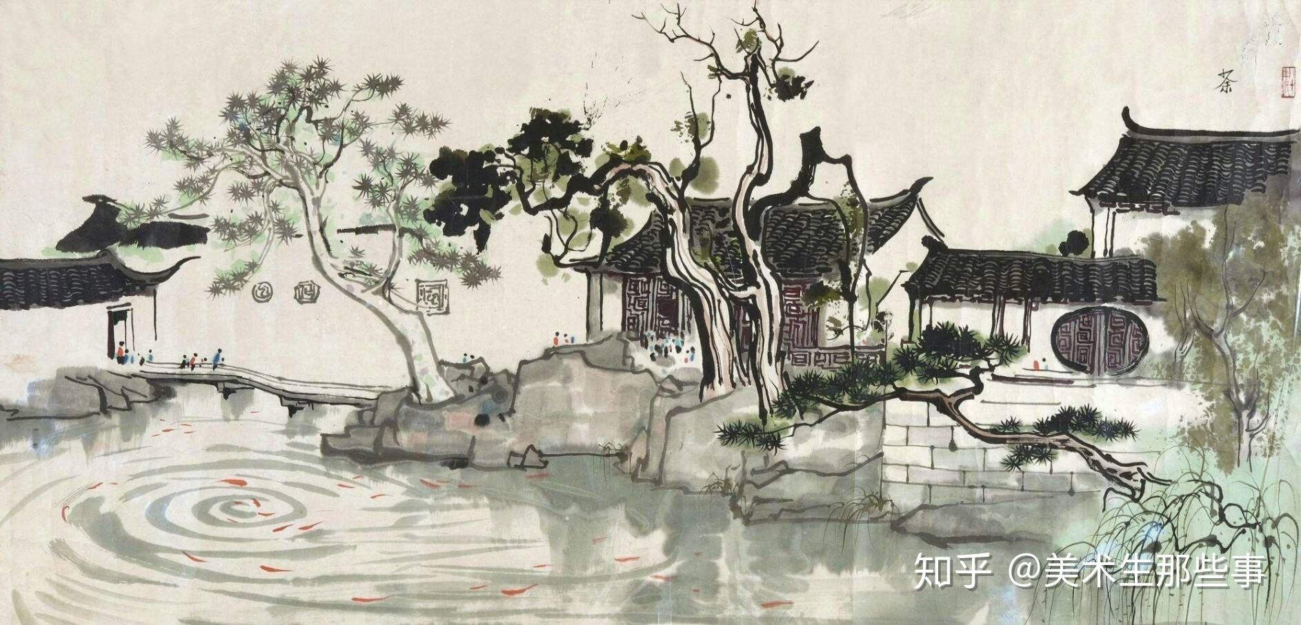 吴冠中江南小镇水墨绘画