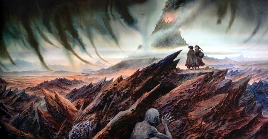 (本文为朱学恒译本)《魔戒》插图:咕噜追踪着走向末日火山的佛罗多与