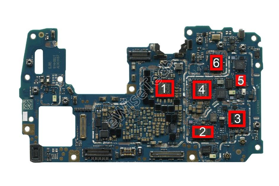主板正面主要ic(下图):1:media tek-mt6877v-天玑900处理器芯片2