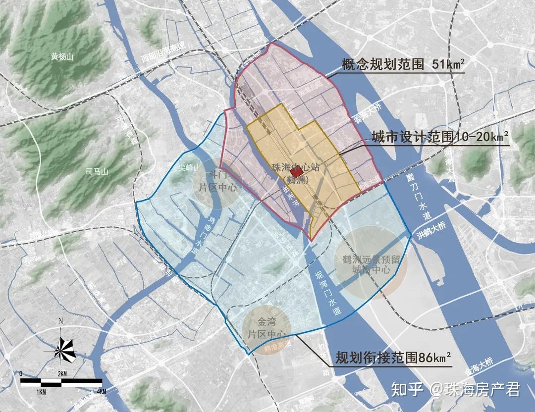南接鹤洲远景预留城市中心,西临斗门片区中心和金湾片区中心