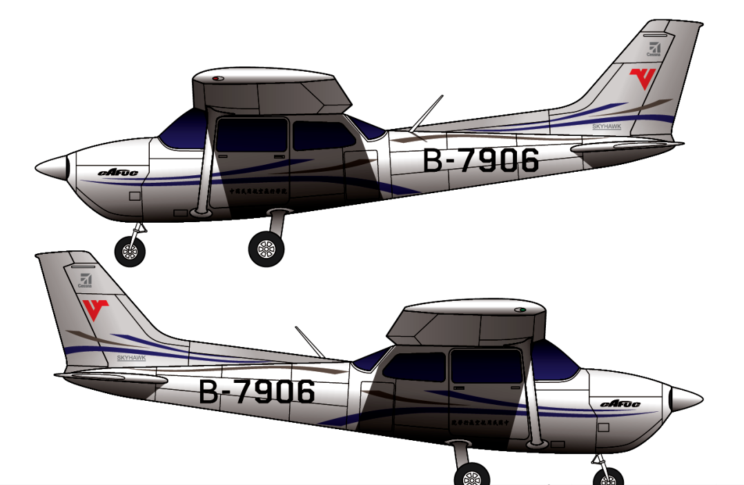 本厂长绘制的中国民航飞行学院b-7906号塞斯纳172飞机双面侧视图民航