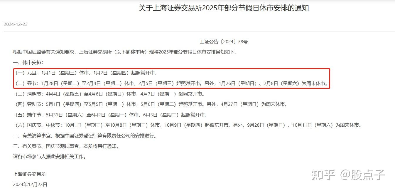 股市春节放假时间2025，沪深北交易所发布2025年部分节假日休市安排！ - 知乎