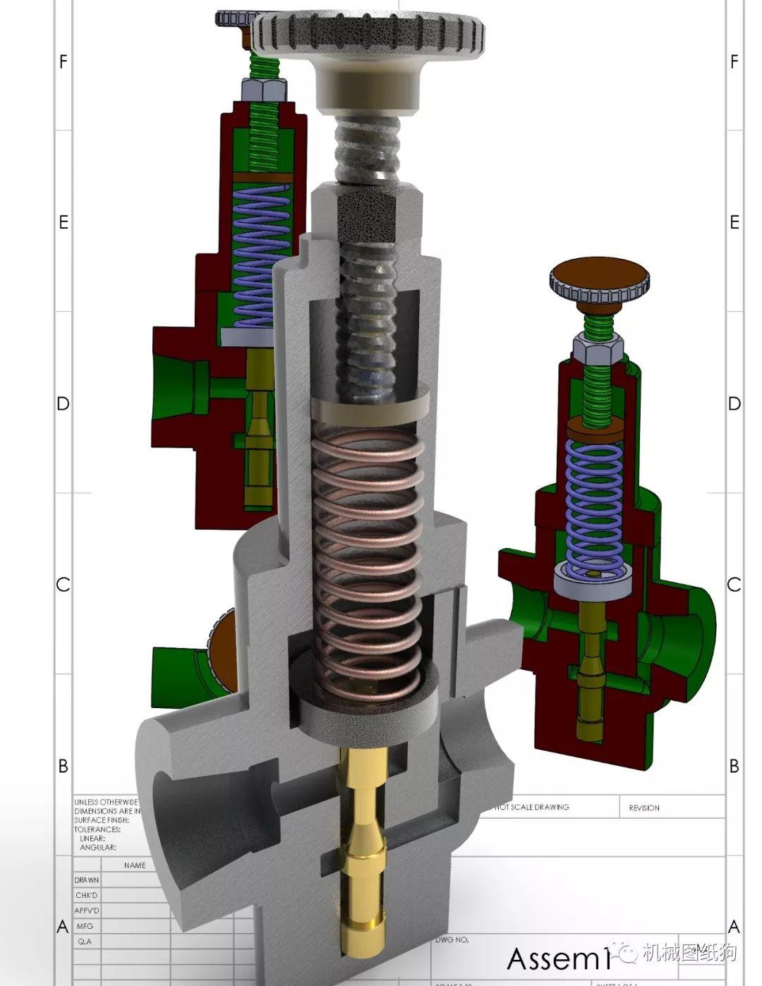 【泵缸阀杆】弹簧式减压阀半剖结构3d图纸 solidworks设计