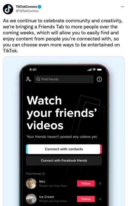 TikTokComms on X: As we continue to celebrate community and creativity,  we're bringing a Friends Tab to more people over the coming weeks, which  will allow you to easily find and enjoy