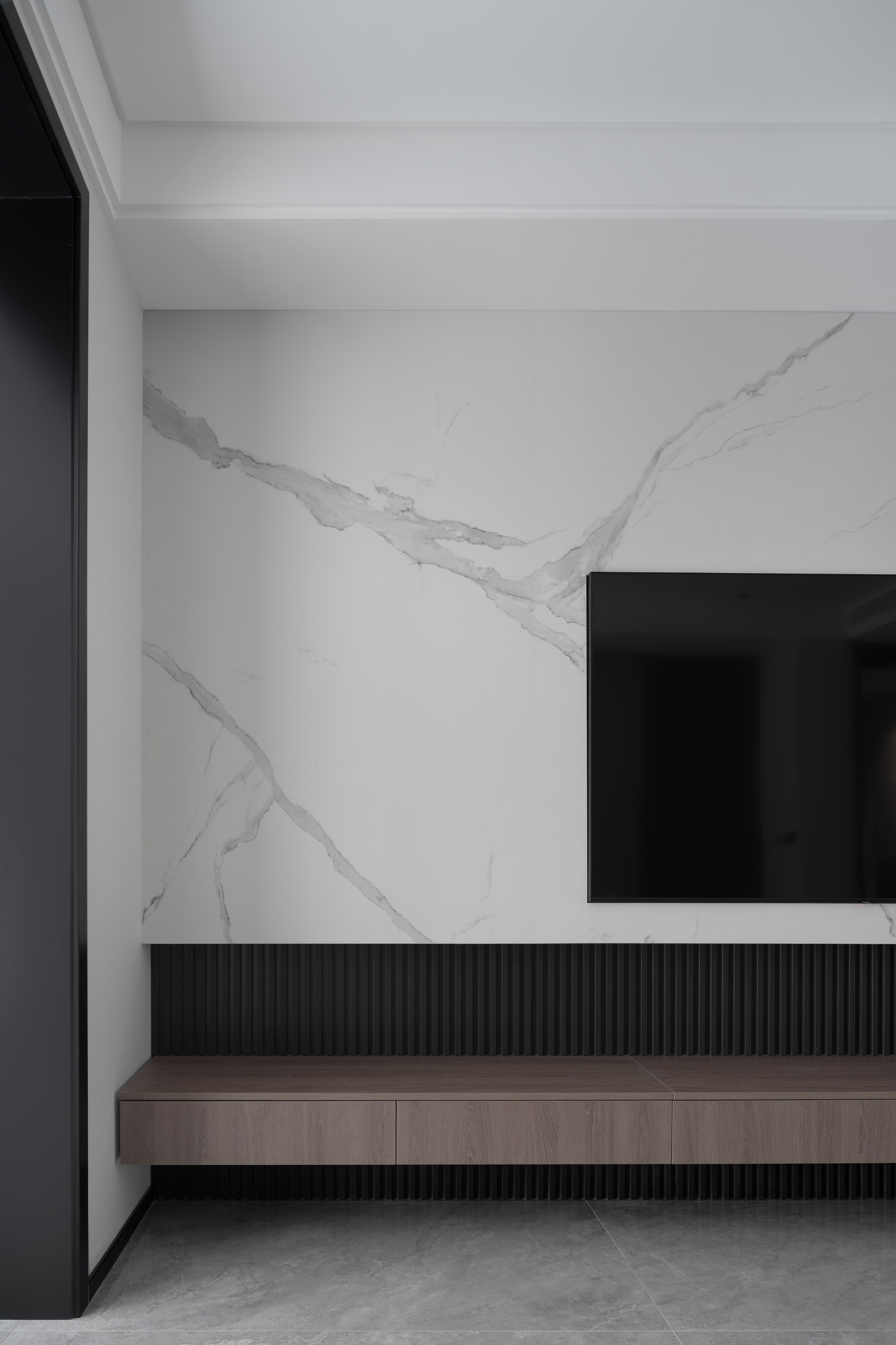 220㎡黑白灰极简现代风胡桃木格栅大理石打造沉稳大气家