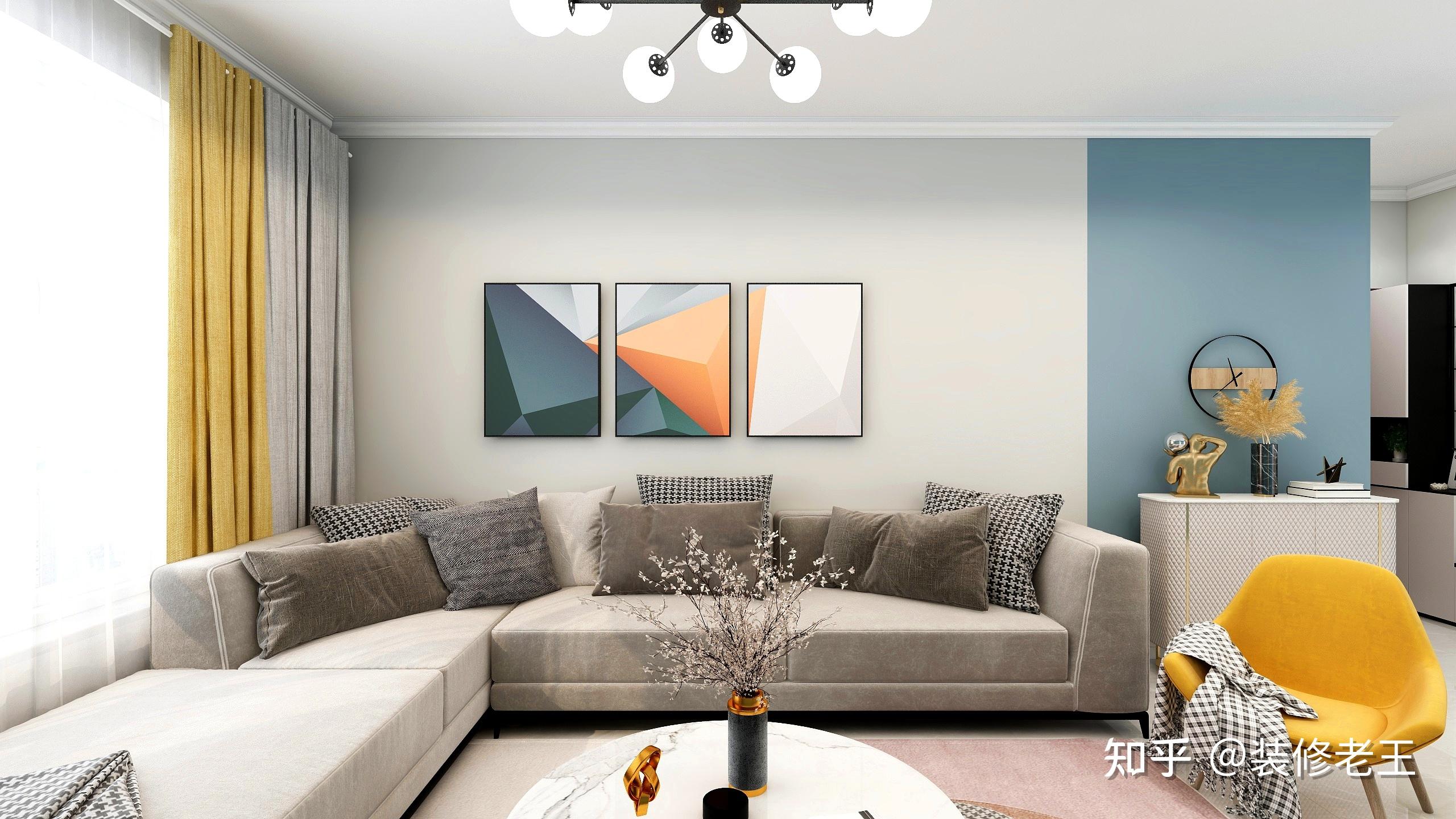 117㎡现代简约蓝色背景墙搭配简约舒适软装营造轻松时尚感