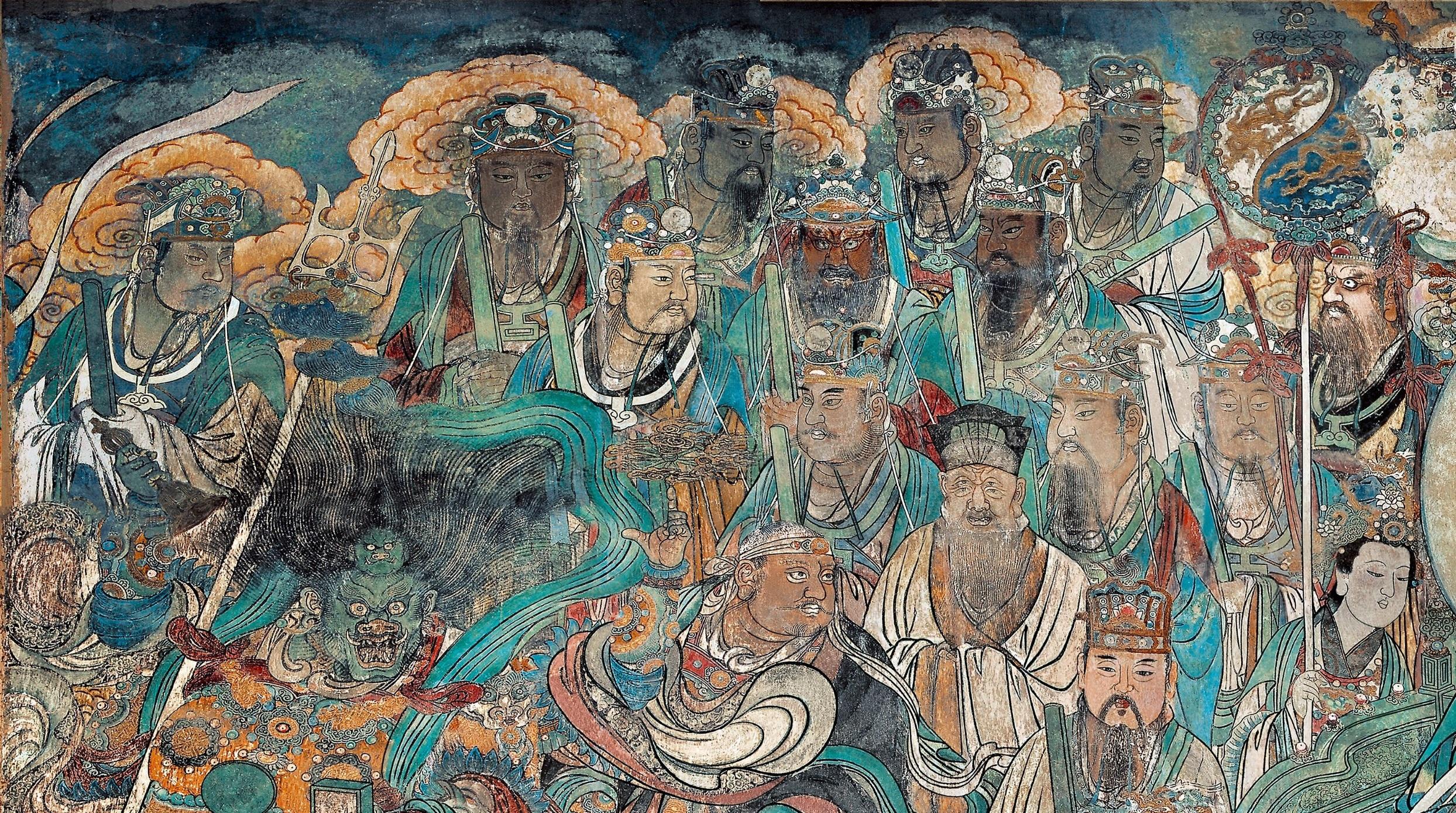 山西永乐宫三清殿-元代壁画《朝元图》:290位神仙,浩荡朝拜道祖,满壁