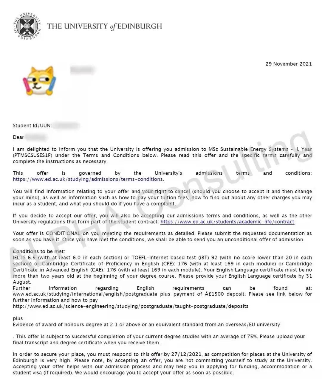 恭喜滑铁卢大学学生斩获爱丁堡大学可持续能源系统硕士offer