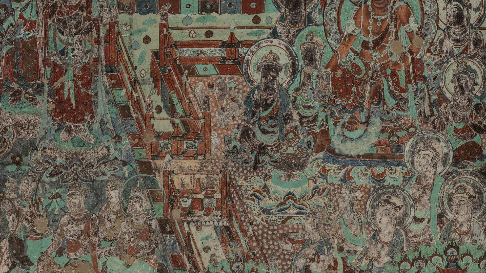 神游千年大美敦煌盛唐217窟北壁观无量寿经变西方净土钟楼韵扬飞天穿