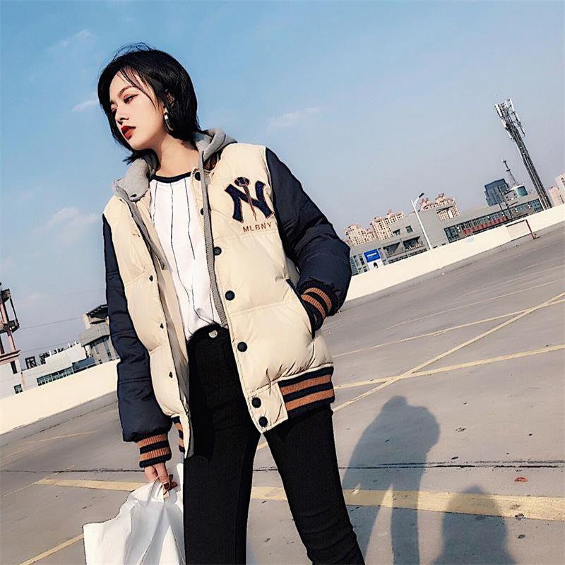 mlbny冬季pu皮刺绣连帽棒球服