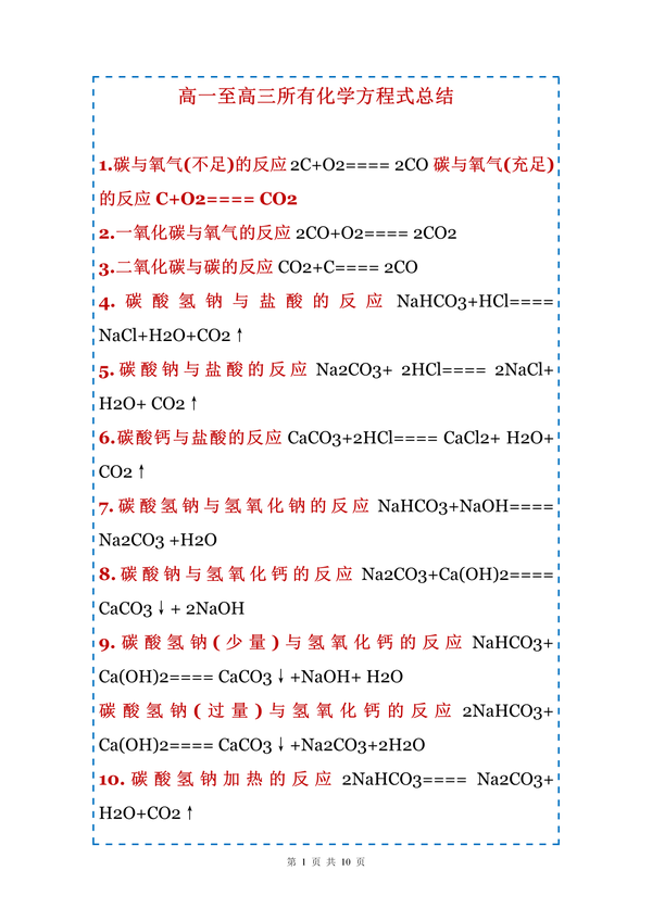 高中化学重点方程式 高中化学方程式大全 高中所有重点化学方程式