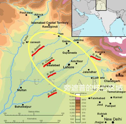 地图说被国境线分割的印度五川省旁遮普