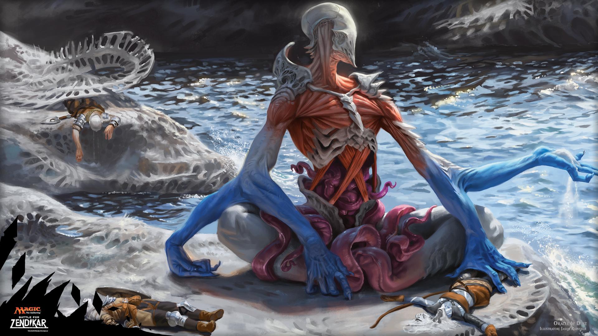 有,万智牌官方壁纸系列"oracle of dust",如图克苏鲁类型生物"奥云骀