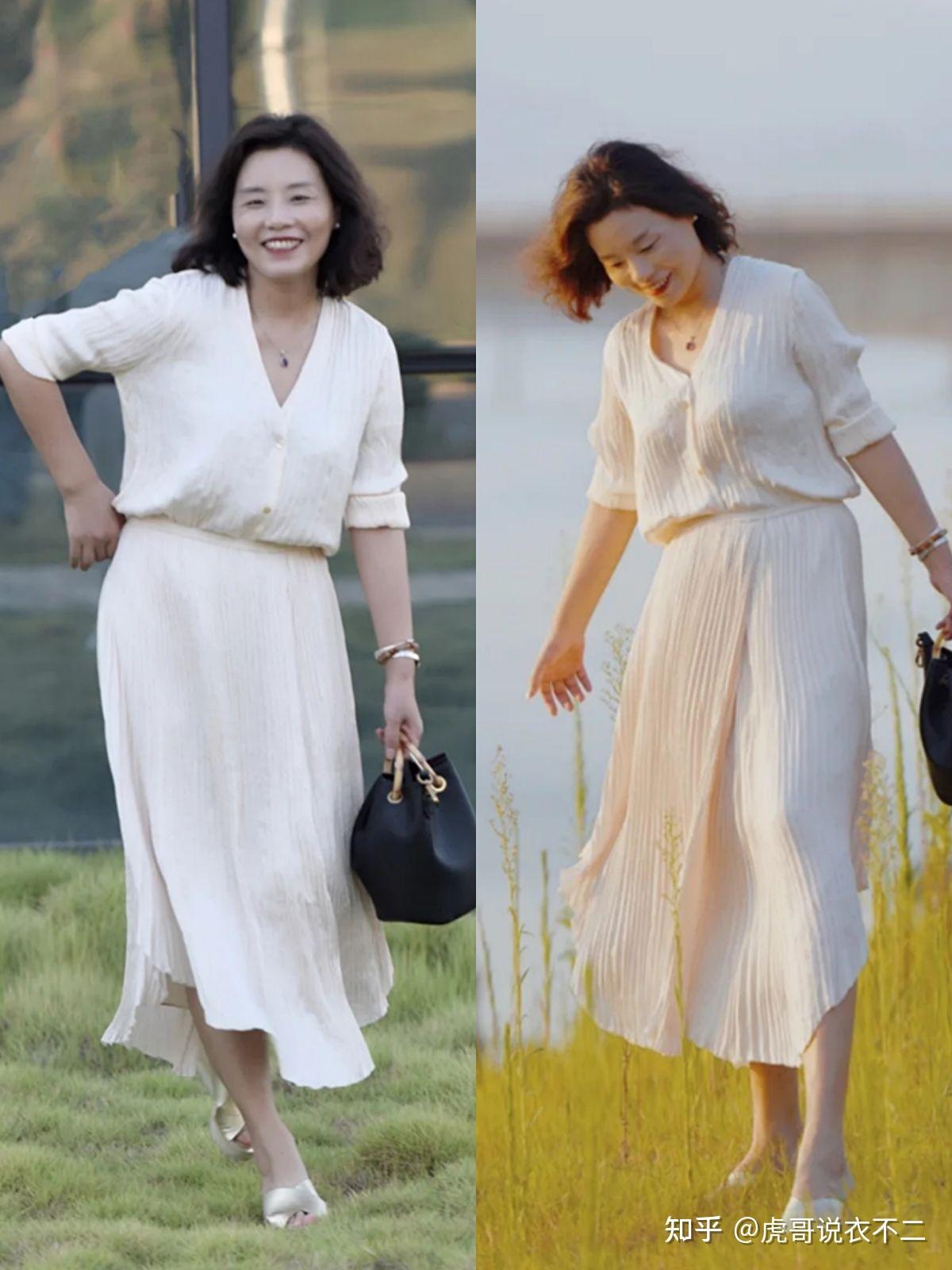 虽然版型修身的衣服更容易凸显出中年女性的身材线条,但对于50岁微胖