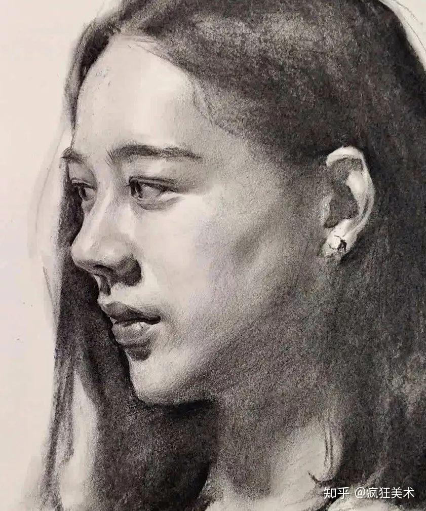 素描头像中长发侧颜女青年