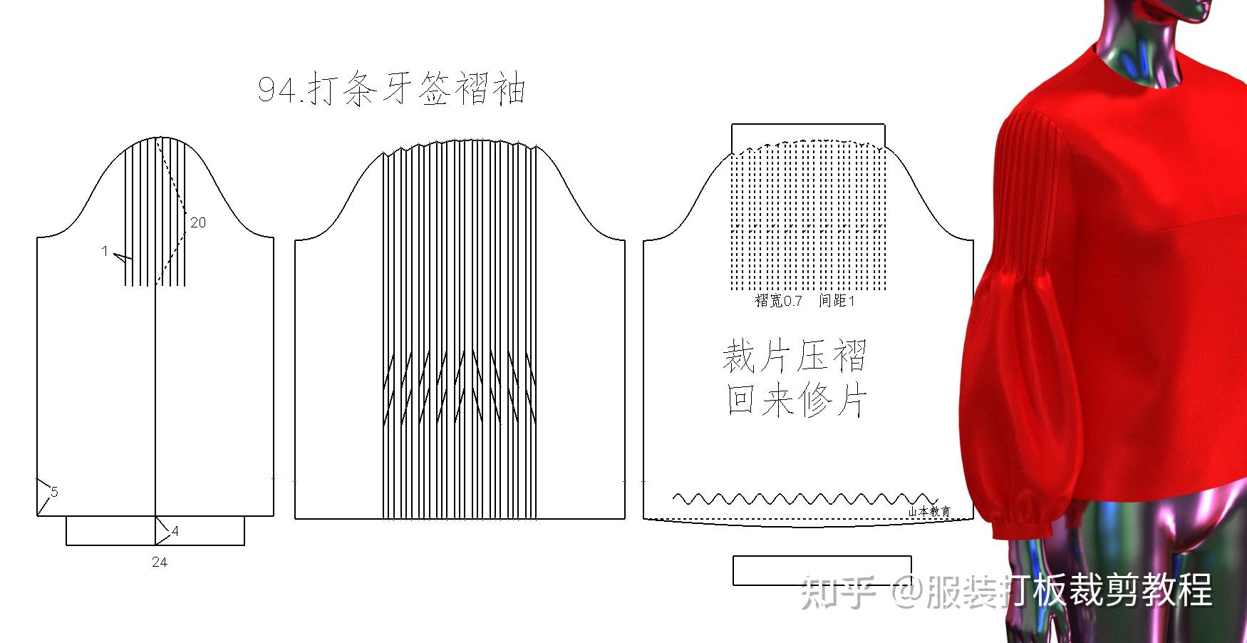 流苏袖3d制版纸样裁剪打条牙签褶袖荷叶抽褶喇叭束口袖-制版 - 知乎