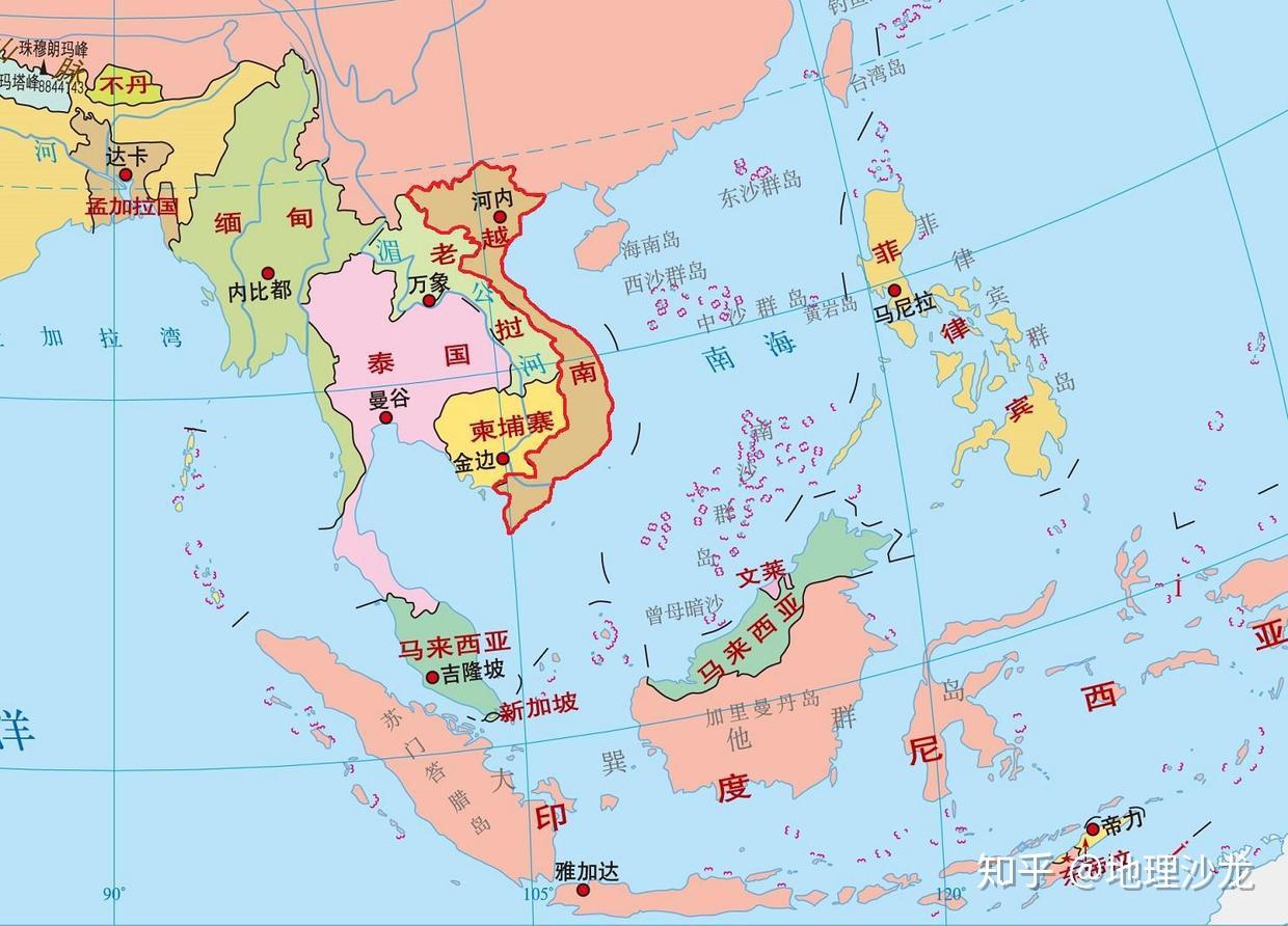 东南亚位于亚洲的东南部地区,主要由中南半岛和马来群岛两部分组成