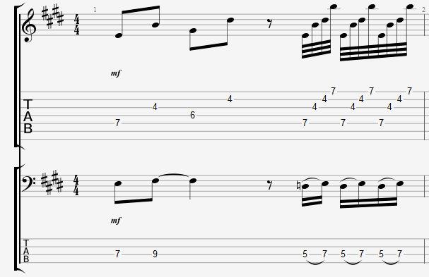 然后加入贝斯,点到为止:整个小节用的都是emaj7的和弦内音,典型的大七