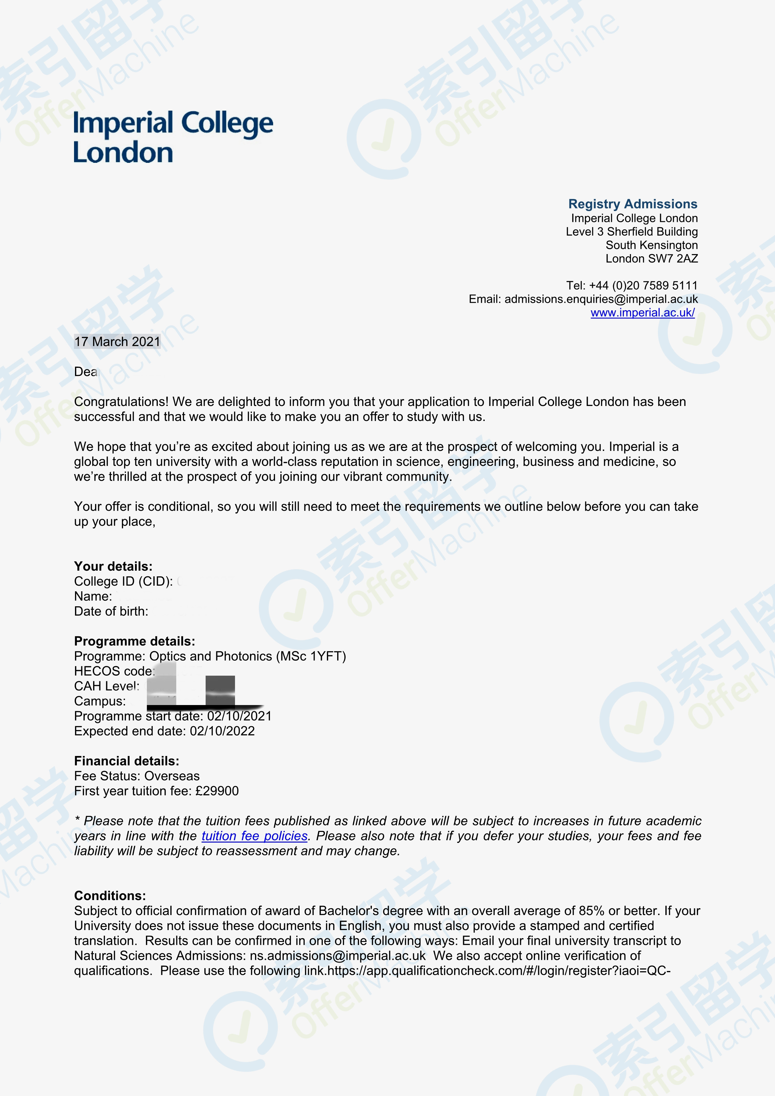 索引留学继香港硕士大满贯之后又获得英国帝国理工学院录取offer