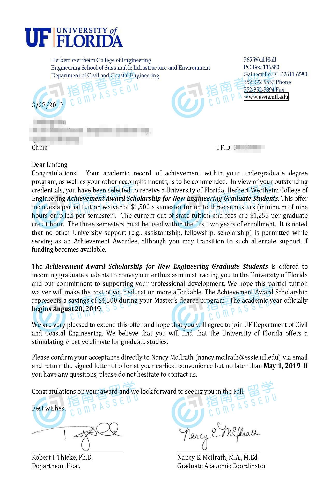 佛罗里达大学可持续基础建设与环境学院研究生offer一枚