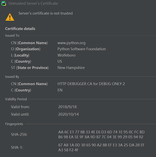 pycharm 启动出现Server #39 s certificate is not trusted 知乎