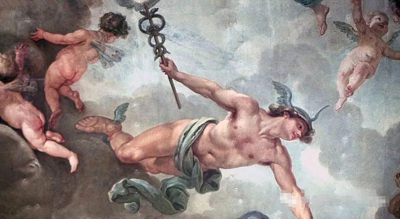 传说罗马神话中商业与学术之神的墨丘利,手持双盘蛇带翼权杖,头戴翼帽