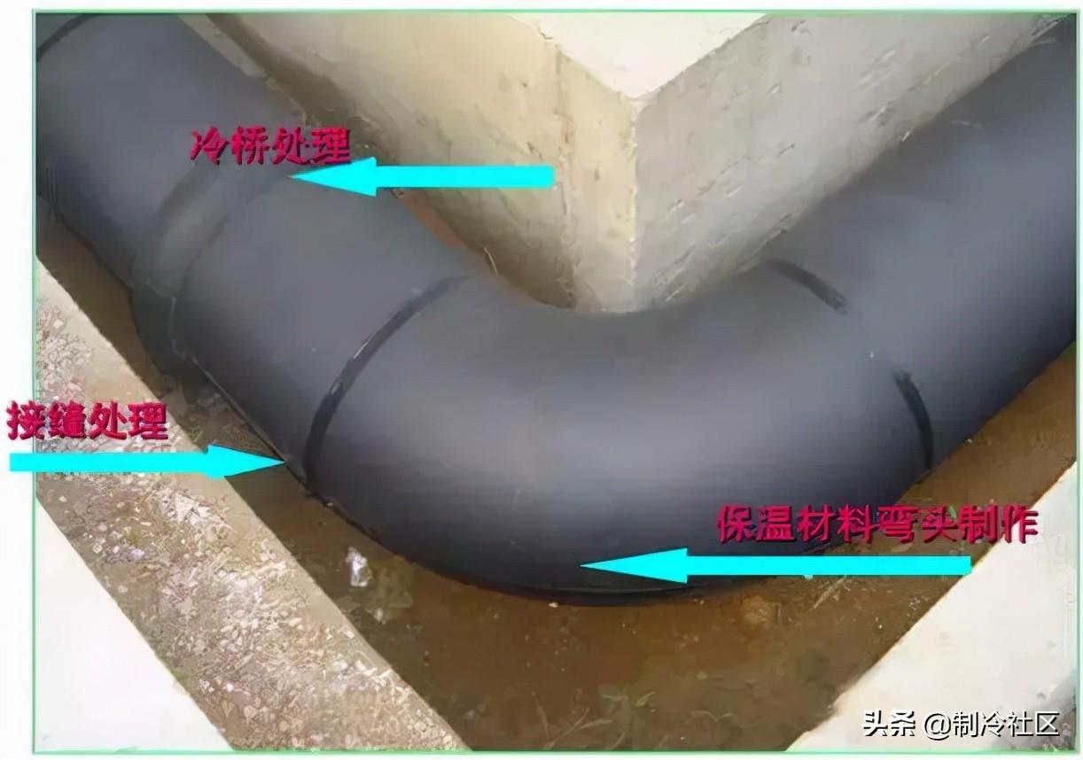 空调水管橡塑保温 —— 弯头的细部处理橡塑保温表面平整干净,粘接