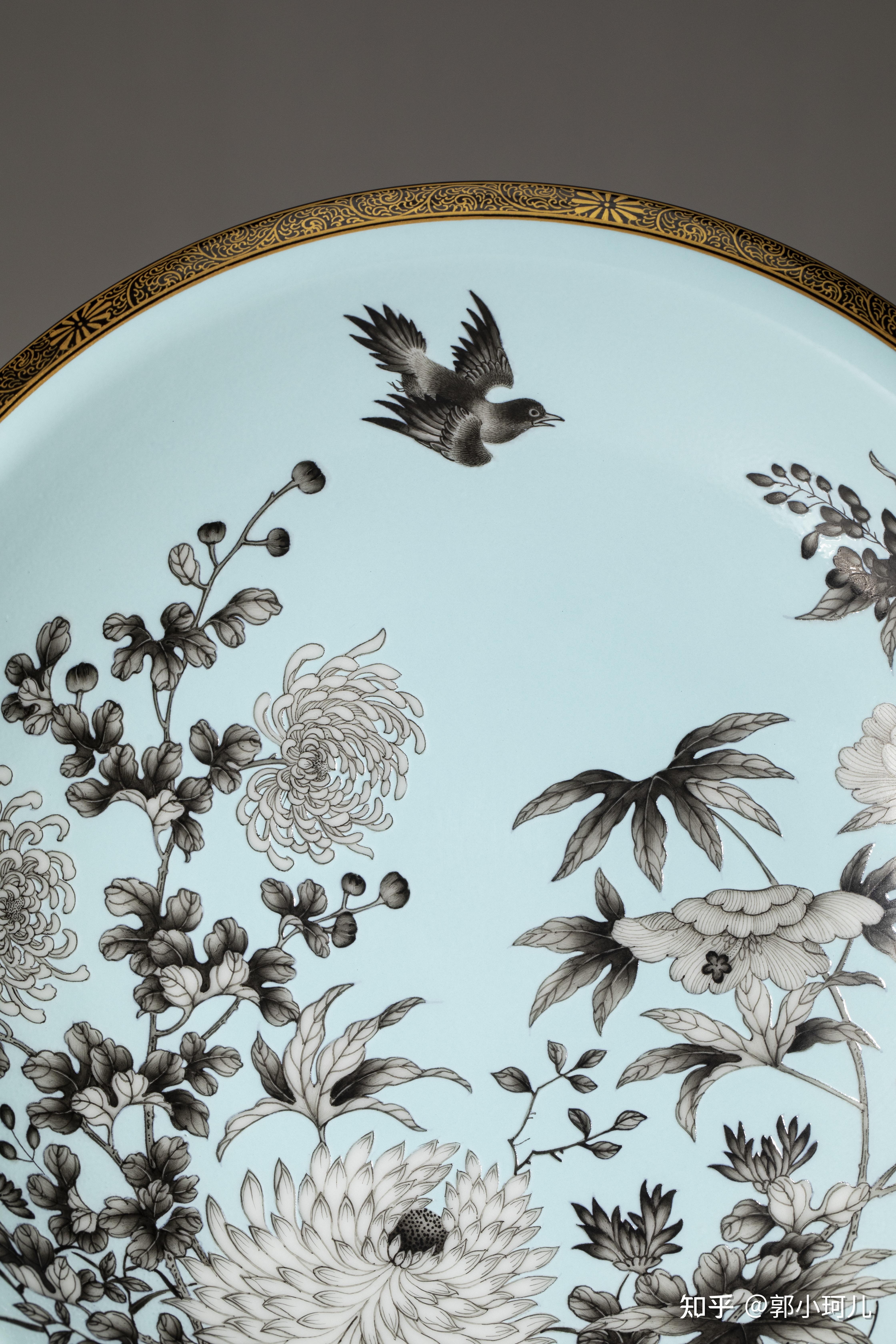 月云堂丨松石绿地墨彩描金大雅斋花鸟纹赏盘