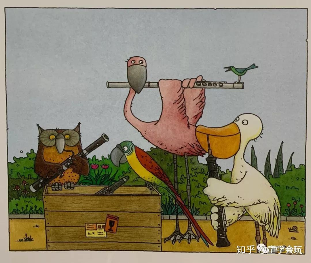 的木管组:吹长笛的火烈鸟,单簧管的鹦鹉,双簧管的鹈鹕,巴松管的猫头鹰