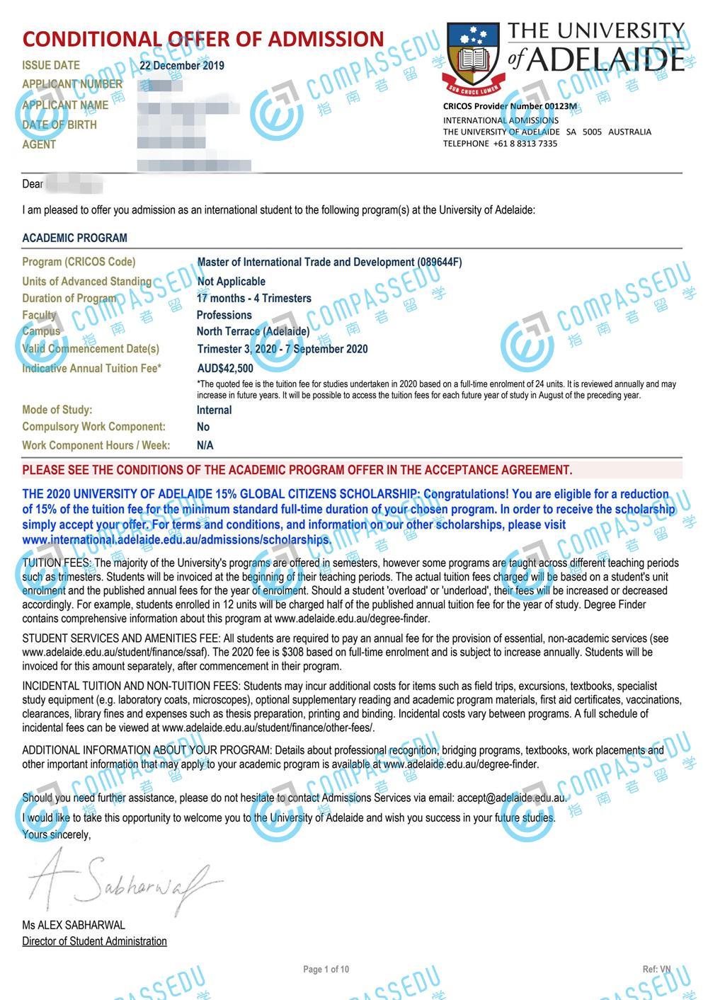 阿德莱德大学国际贸易与发展硕士研究生offer一枚