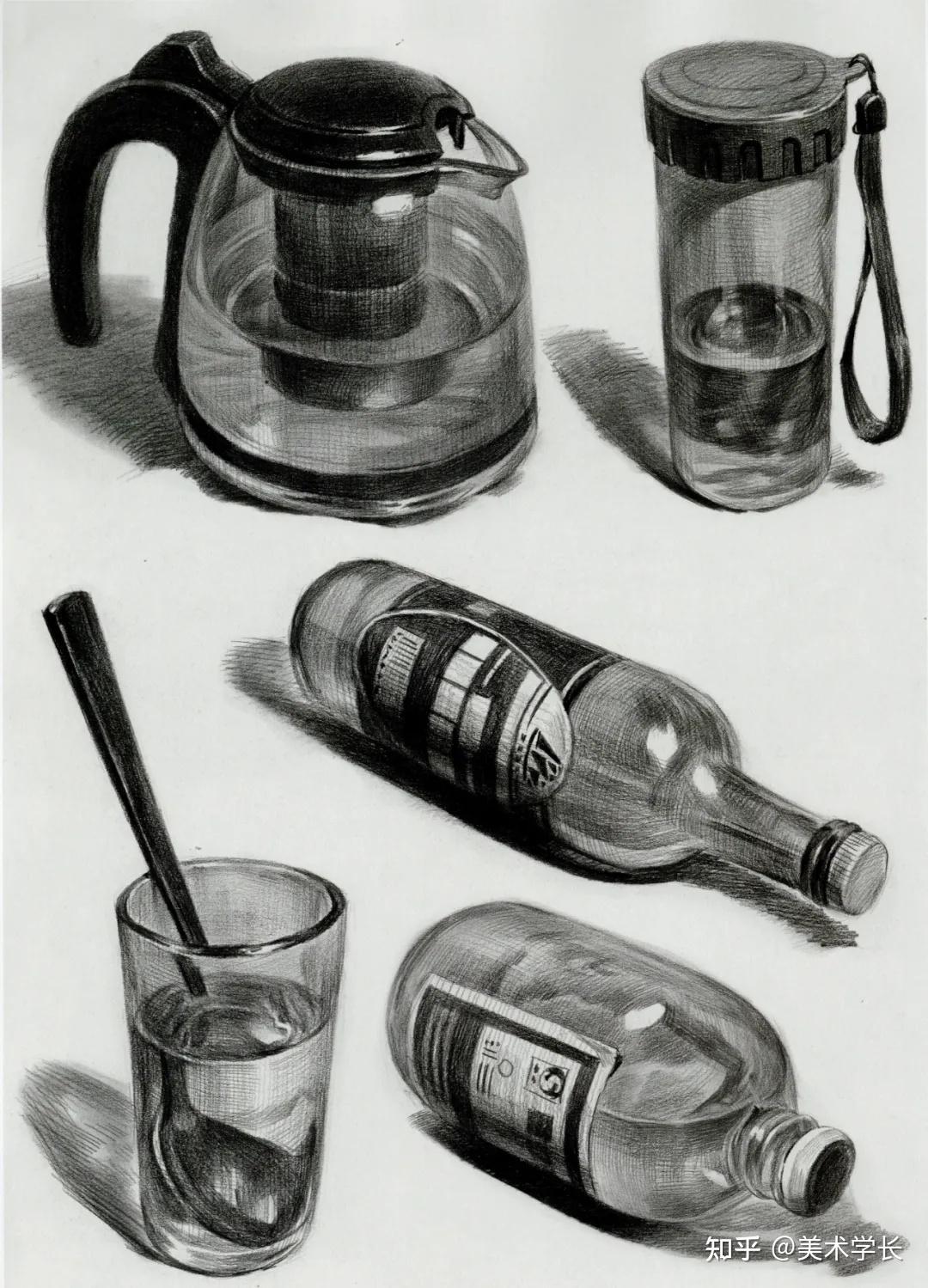 素描圆柱体玻璃杯教程 包括实体图步骤和玻璃杯结构-学习经验分享