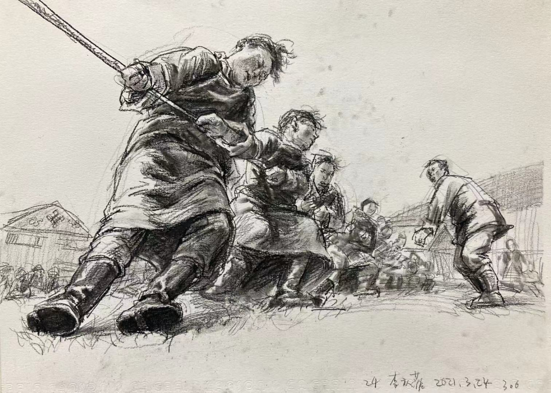 拔河群体像速写△ 石榴,陶罐,布面等静物素描△ 乡下写生:玉米