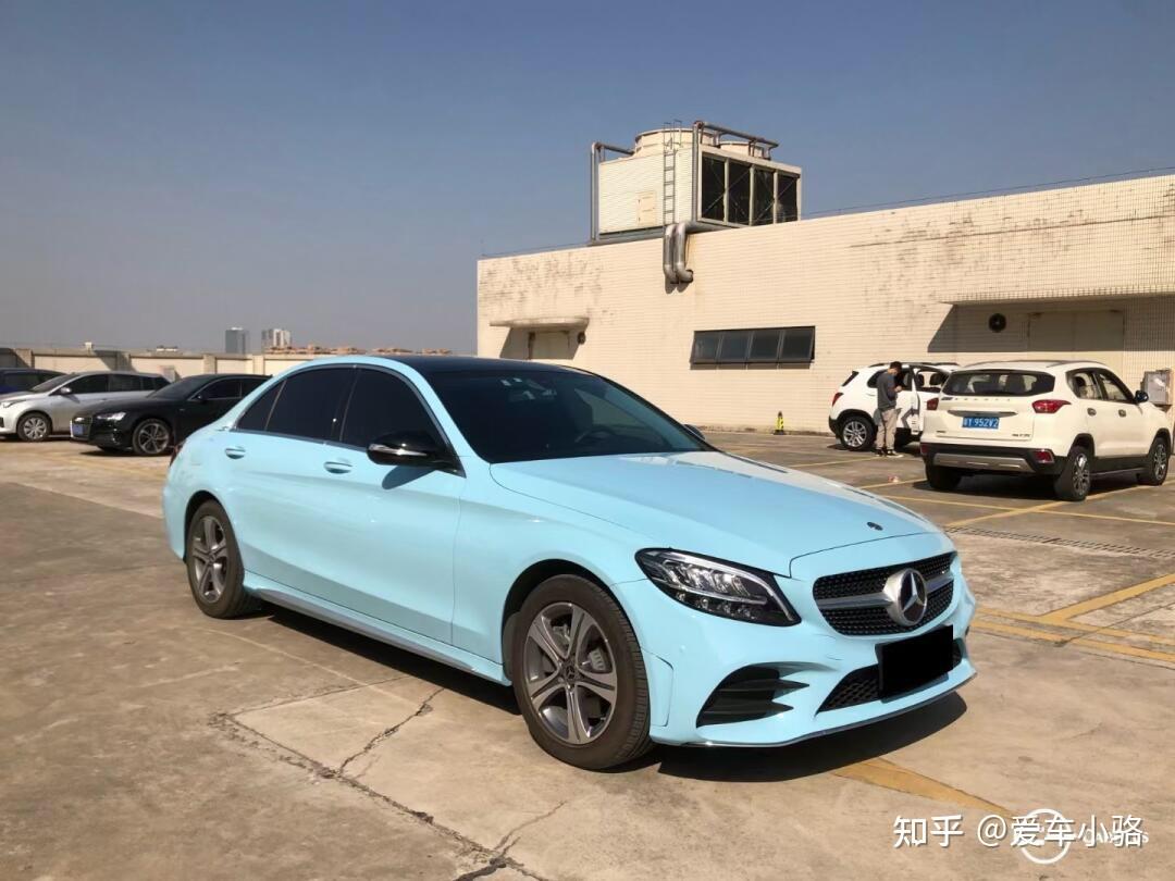杭州奔驰c系车身改色贴膜漆面海风蓝改色膜施工效果