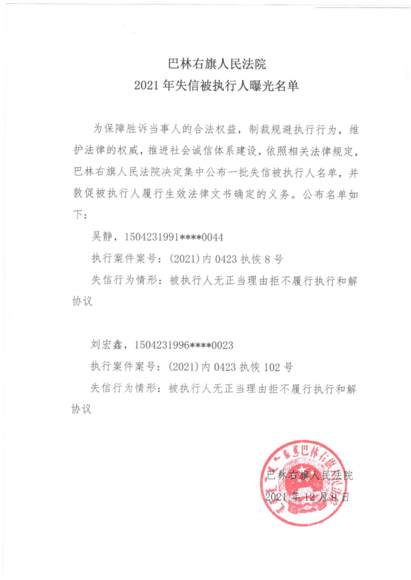 【曝光】|巴林右旗人民法院2021年失信被执行人曝光名单