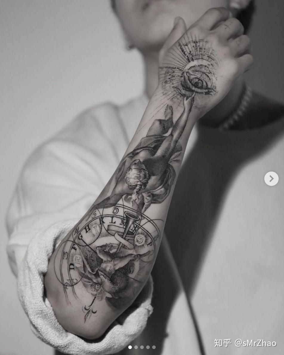 smrzhao纹身推荐第211期黑白雕像几何线条单针写实花臂