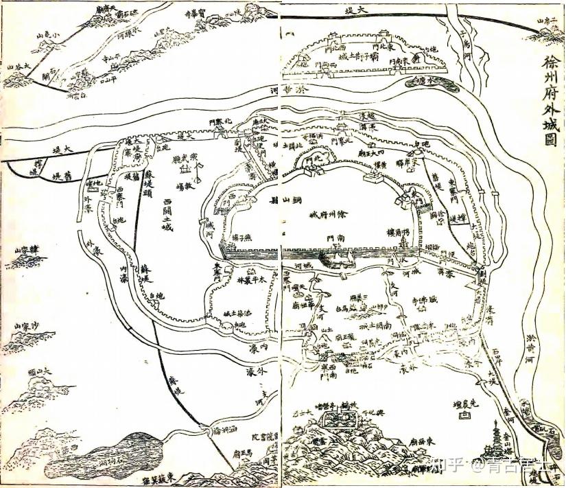 徐州府城图清咸丰年间为防捻军增建外土城,咸丰五年建东北土城,八年筑