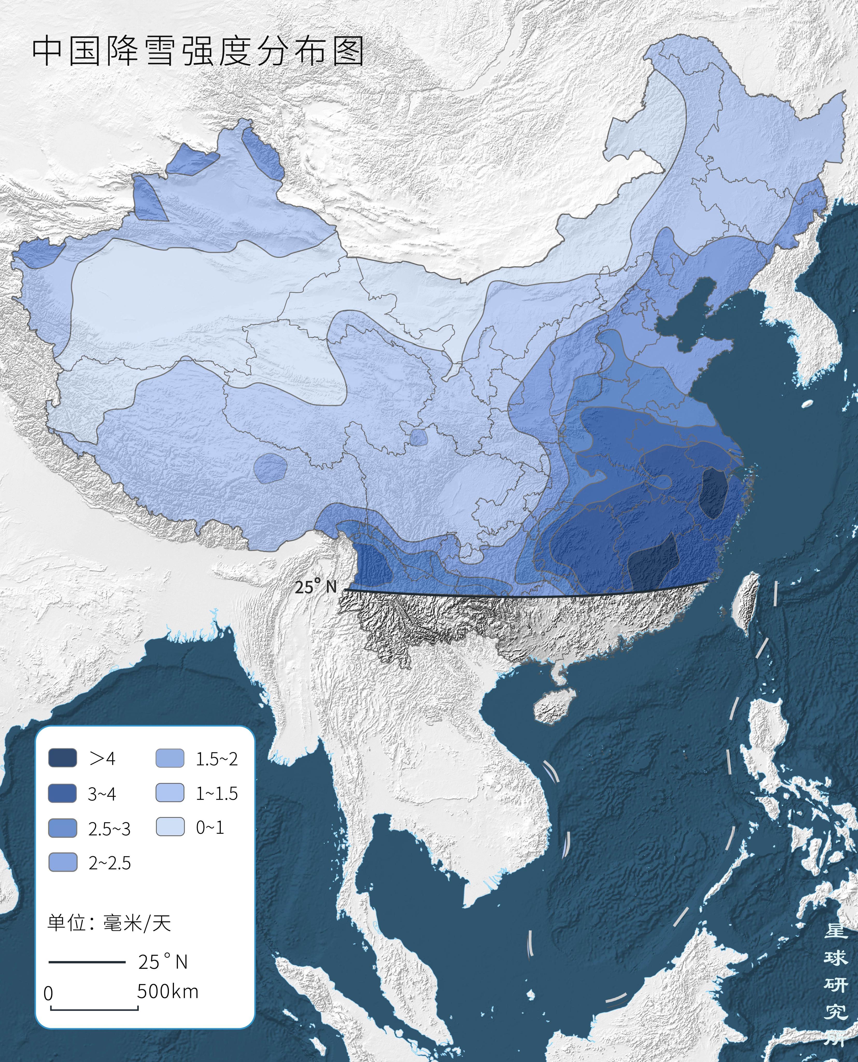 在我国北方和青藏高原大部分区域其实相对干燥因而40%左右的降雪量