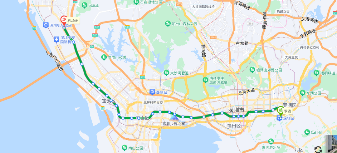 深圳地铁1号线东边从罗湖区罗湖站出发,途经福田区,南山区,西至宝安区